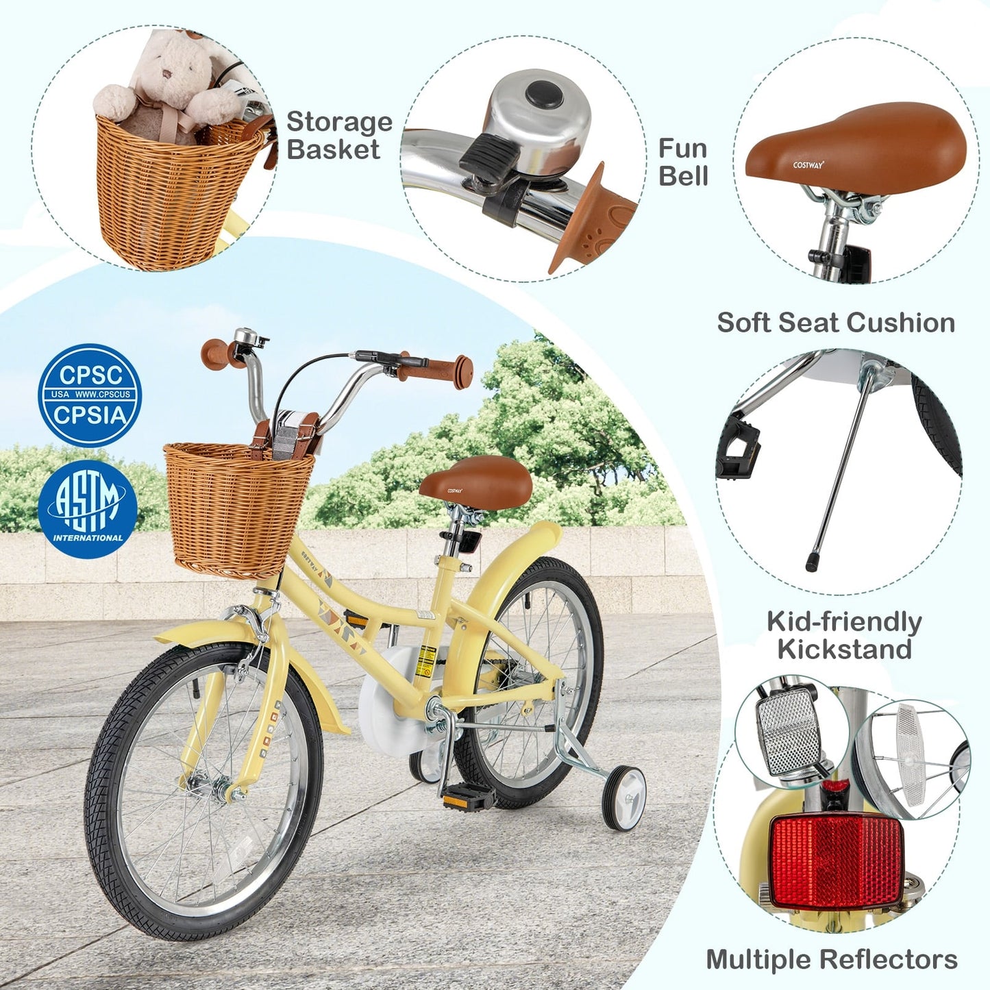 Vélo pour enfants de 18 pouces, vélo réglable, réflecteurs, sonnette, jaune