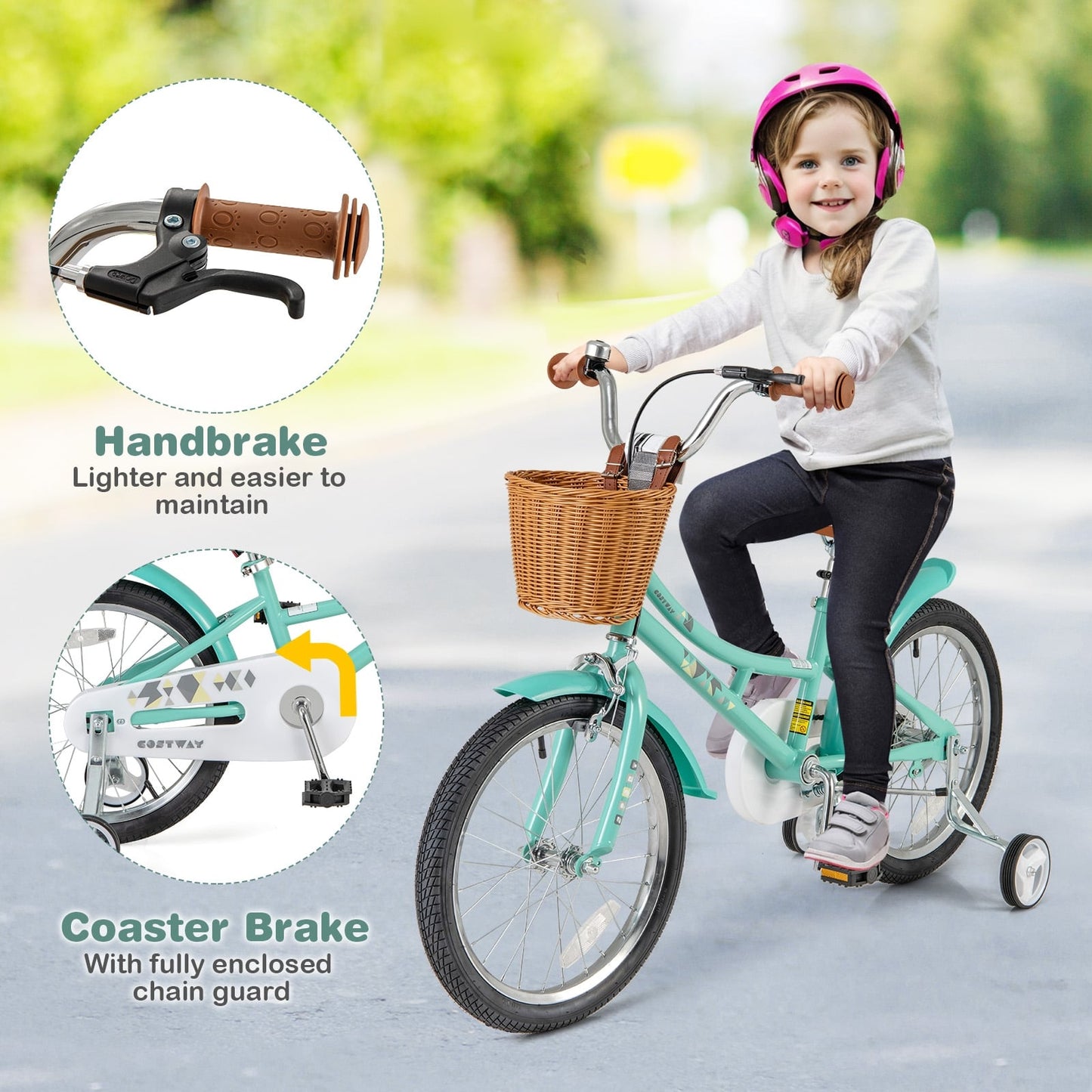 Vélo pour enfants de 18 pouces avec roues stabilisatrices, pour 4 à 8 ans, vert
