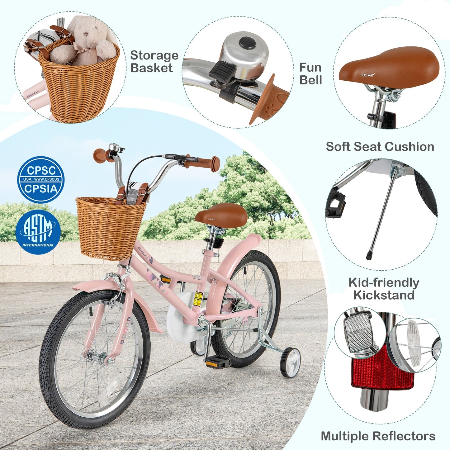 18 Inch Kids Retro Bike, Adjustable Height, Basket, Pink Kids Bike at Gallery Canada