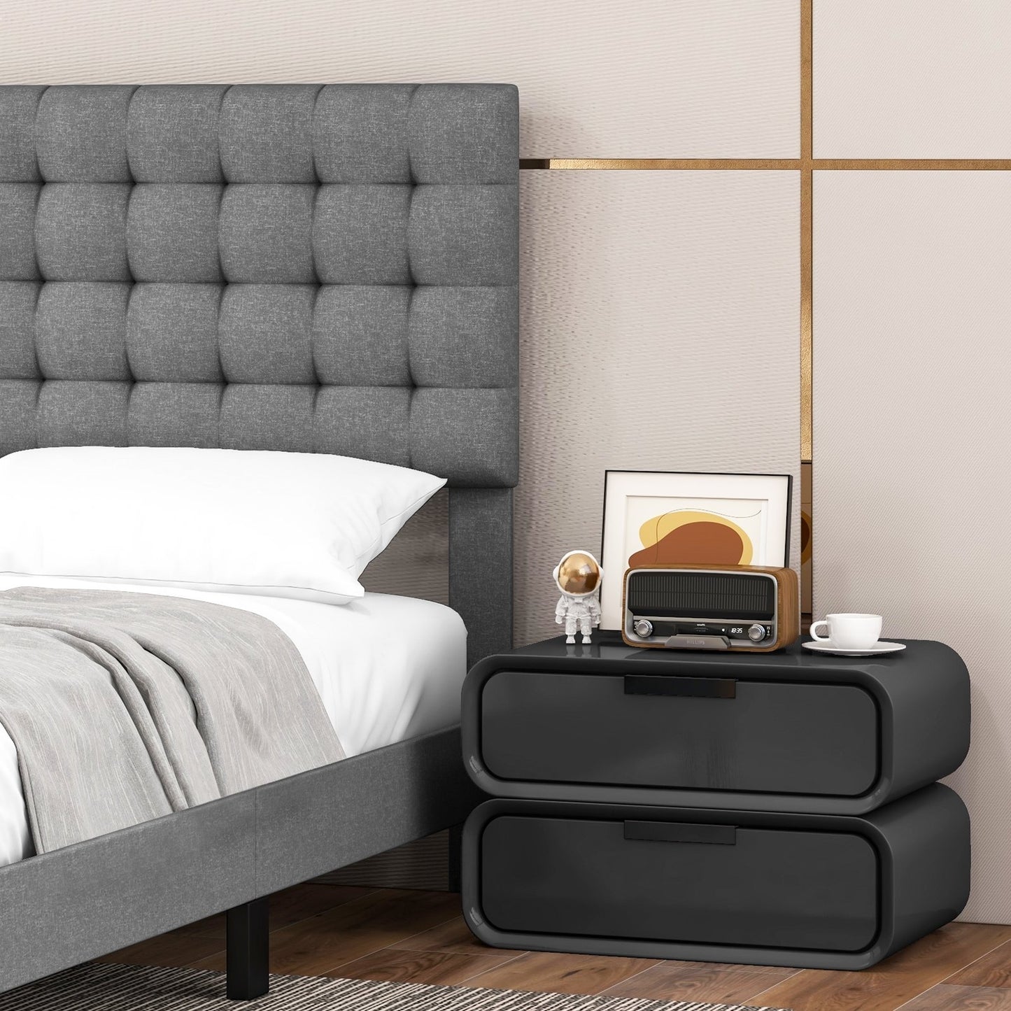 Queen Size Upholstered Platform Bed with Square Stitched Headboard