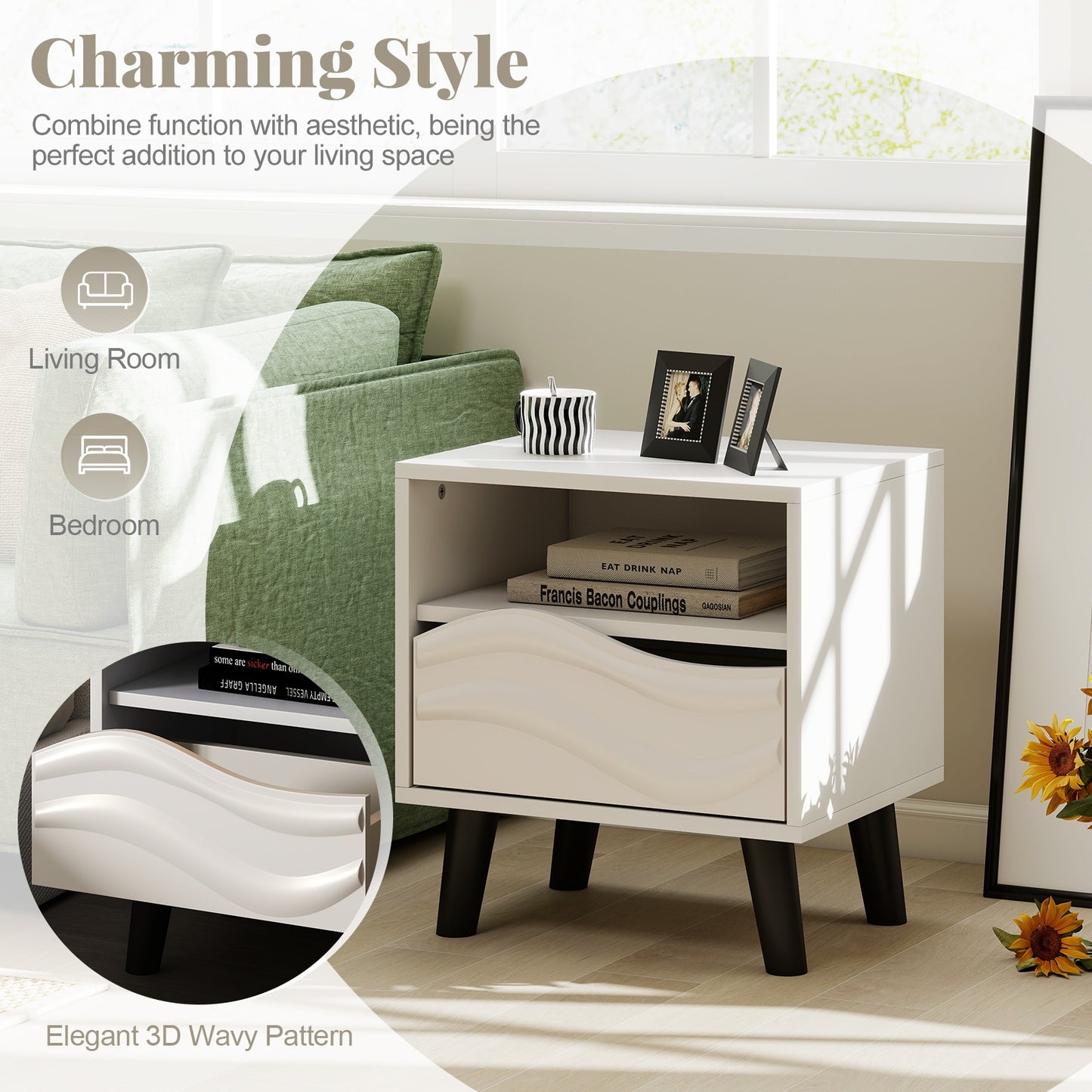Mid Century Modern Nightstand, 3D Wavy Pattern, Open Shelf, White Nightstands at Gallery Canada