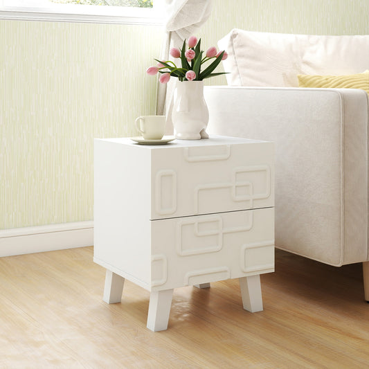 Modern Nightstand With Drawers, 3D Geometric Patterns, White