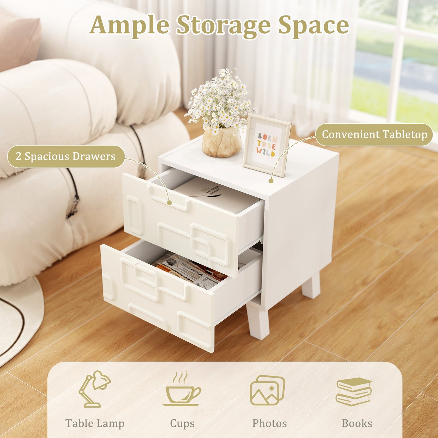 Modern Nightstand With Drawers, 3D Geometric Patterns, White Nightstands at Gallery Canada