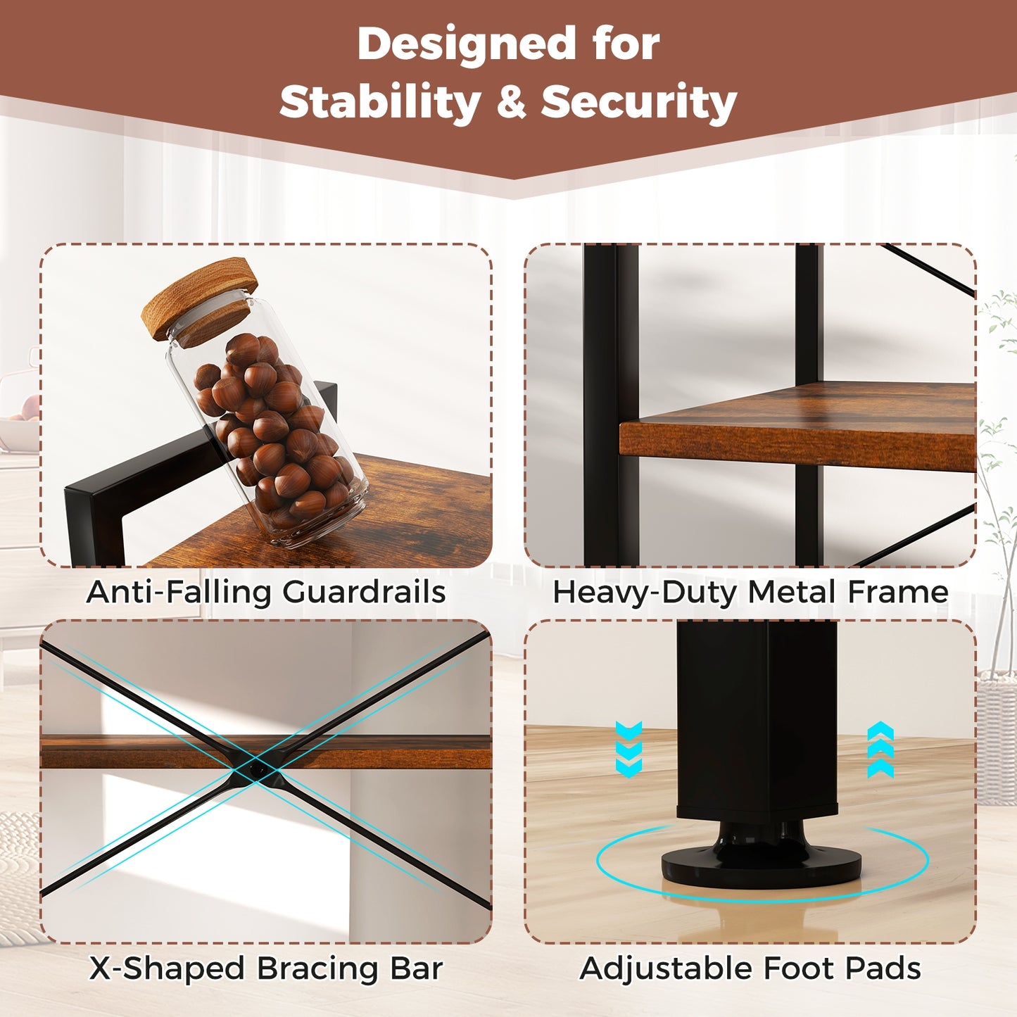 4-Tier Kitchen Bakers Rack with Power Outlet and 8 Hooks, Rustic Brown Baker's Racks at Gallery Canada