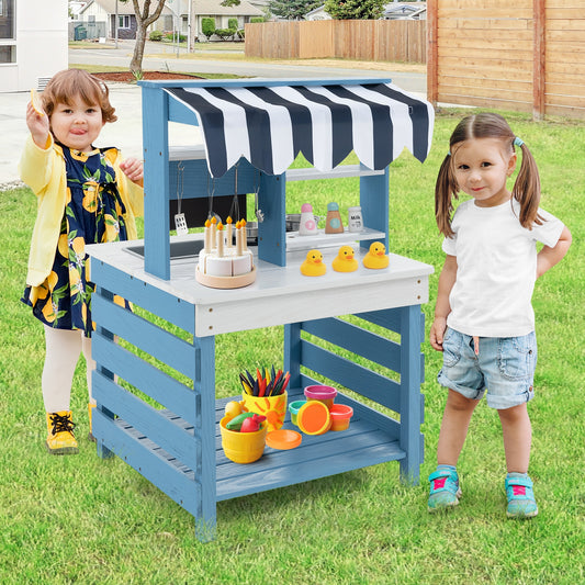 Double-sided Wooden Play Kitchen and Grocery Stand with Stoves for Kids 3+ Years Old, Blue Play Kitchen Sets Blue at Gallery Canada