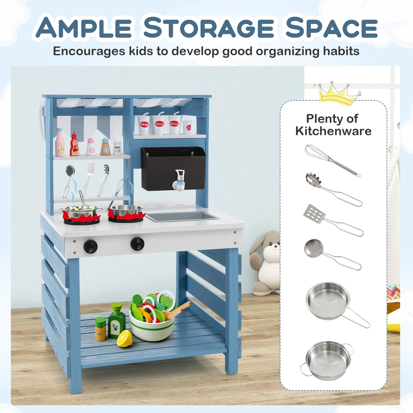 Double-sided Wooden Play Kitchen and Grocery Stand with Stoves for Kids 3+ Years Old, Blue Play Kitchen Sets at Gallery Canada