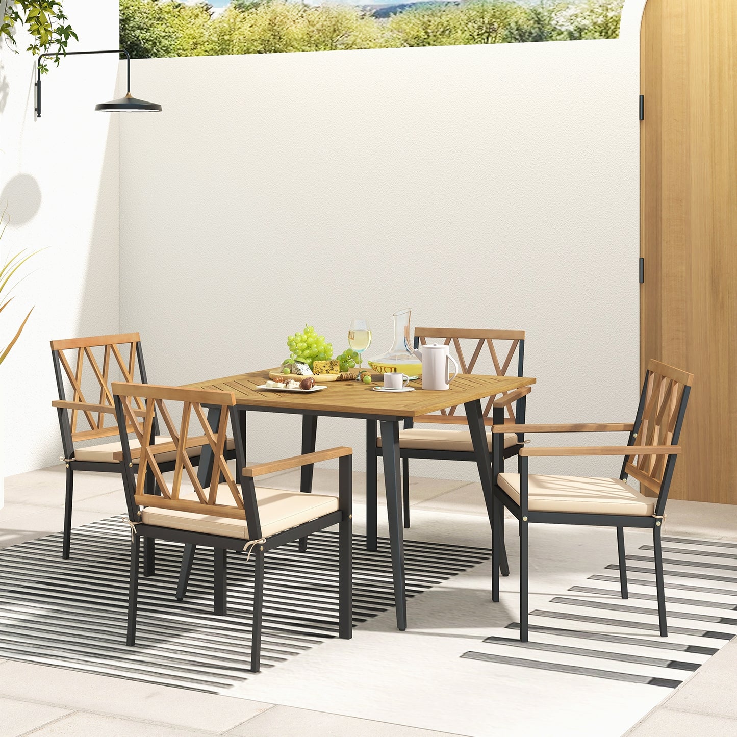Table et chaises de salle à manger extérieures avec coussins, trou de parapluie de 1,9 pouces, beige