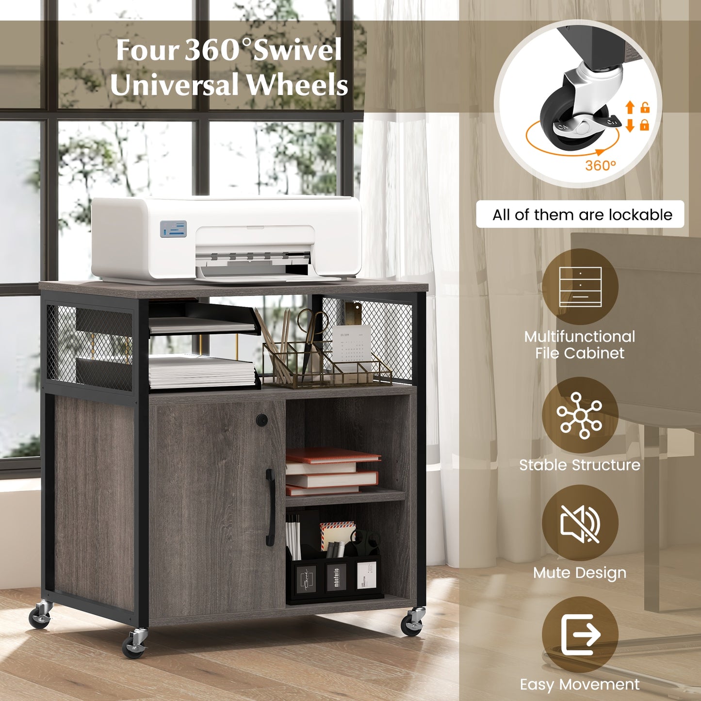 Mobile File Cabinet With Charging Station, Cable Management Hole, Gray File Cabinets at Gallery Canada