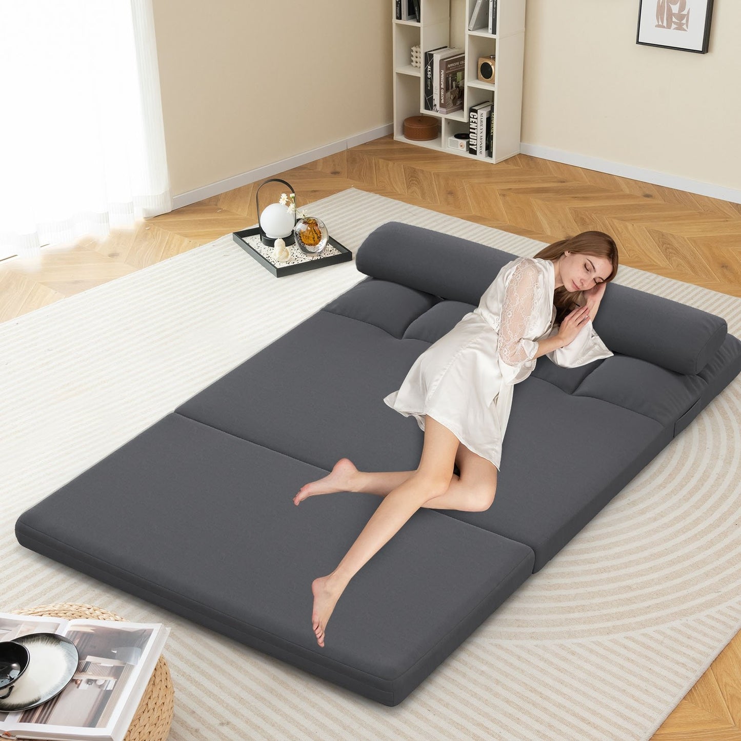 Floor Sofa Bed with 6 Positions Adjustable Backrest  Skin-friendly Velvet Cover, Dark Gray