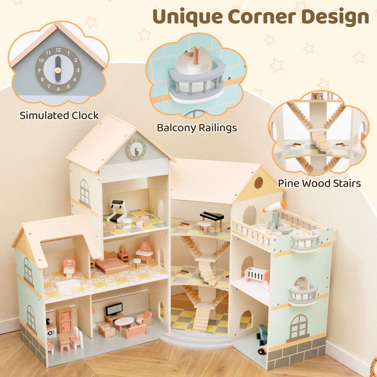 Wooden Corner Dollhouse Playset with 41 Pieces of Accessories for Kids 3+ Years Old, Orange Play Tents & Playhouse at Gallery Canada