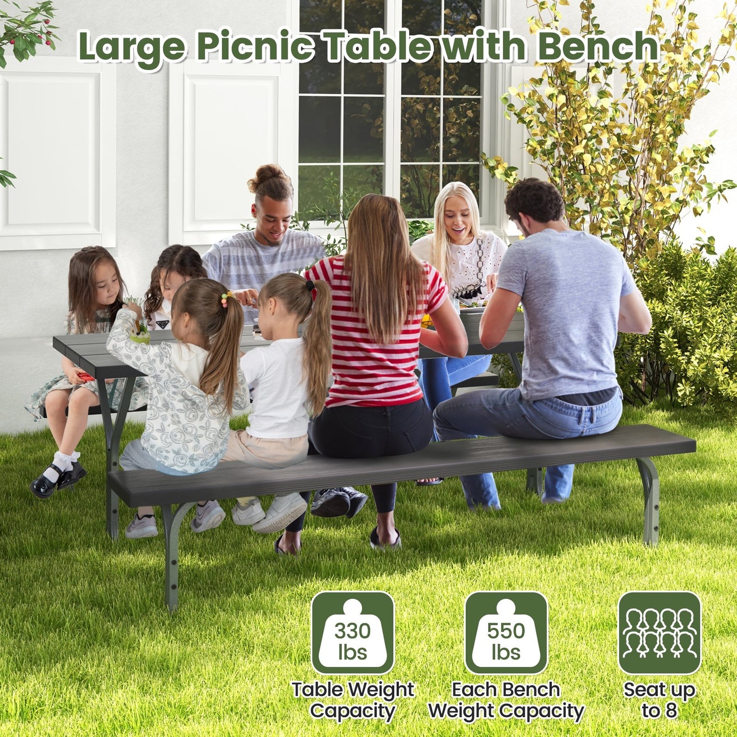 6 Feet Picnic Table Bench Set with HDPE Tabletop for 8 Person, Black