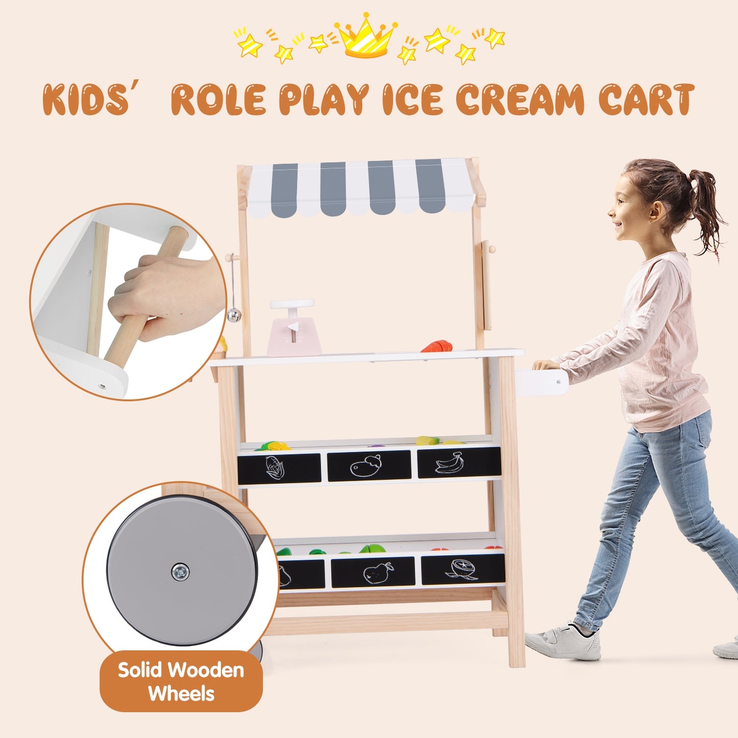 Chariot de crème glacée en bois pour enfants avec tableau noir et rangement, plus de 3 ans, blanc