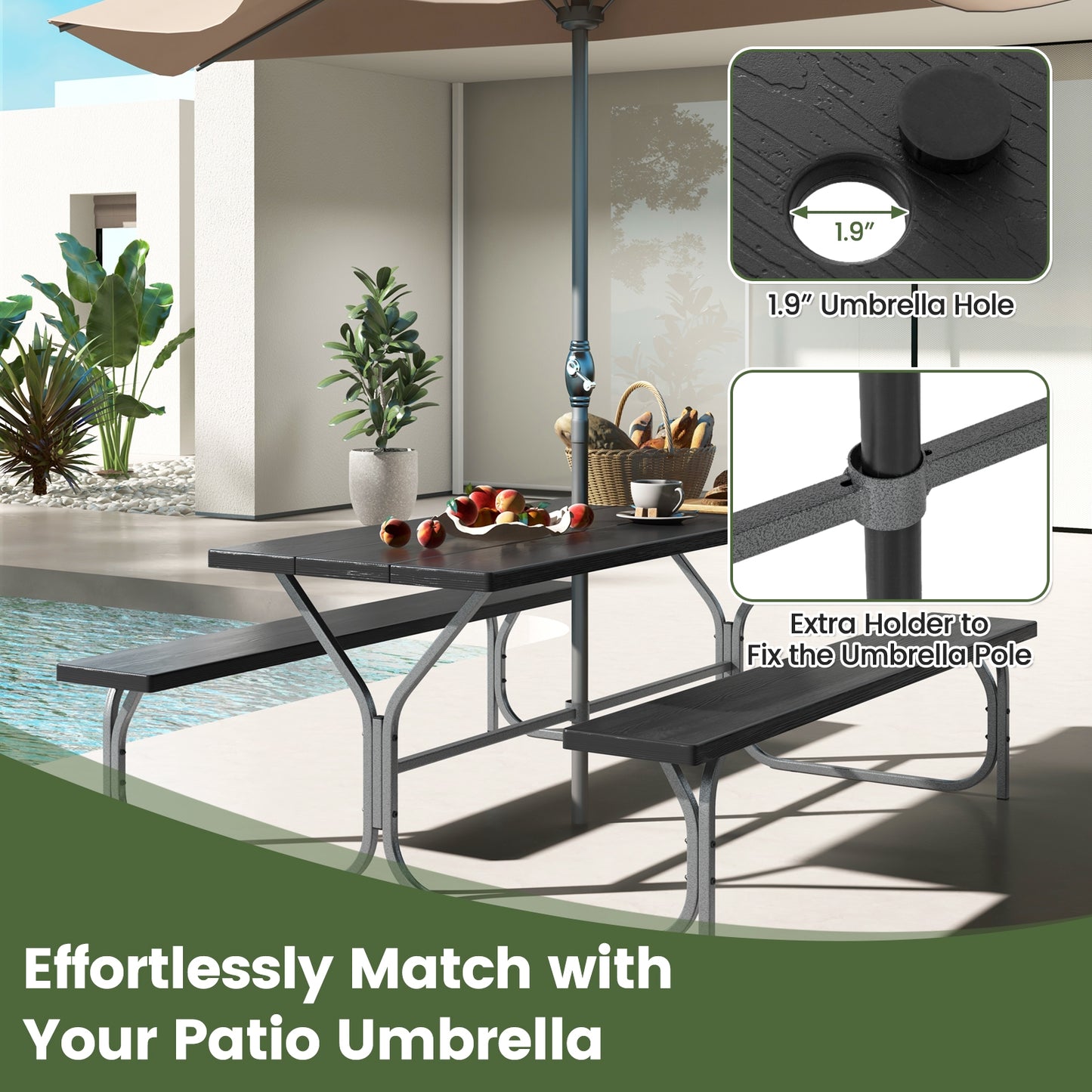 6 Feet Picnic Table Bench Set, HDPE Tabletop, 8 Person, Black Picnic Tables at Gallery Canada