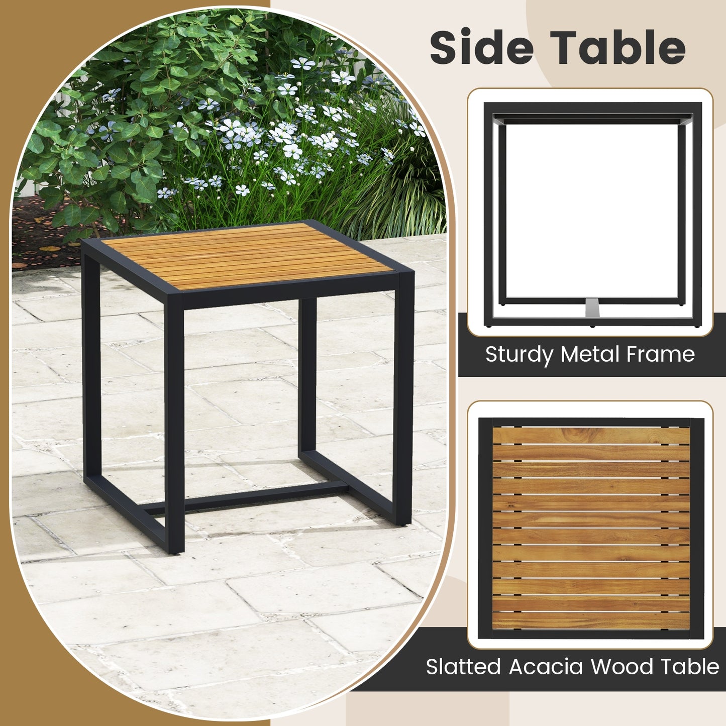 Ensemble de conversation pour patio 3 pièces, accoudoirs en bois d'acacia, blanc
