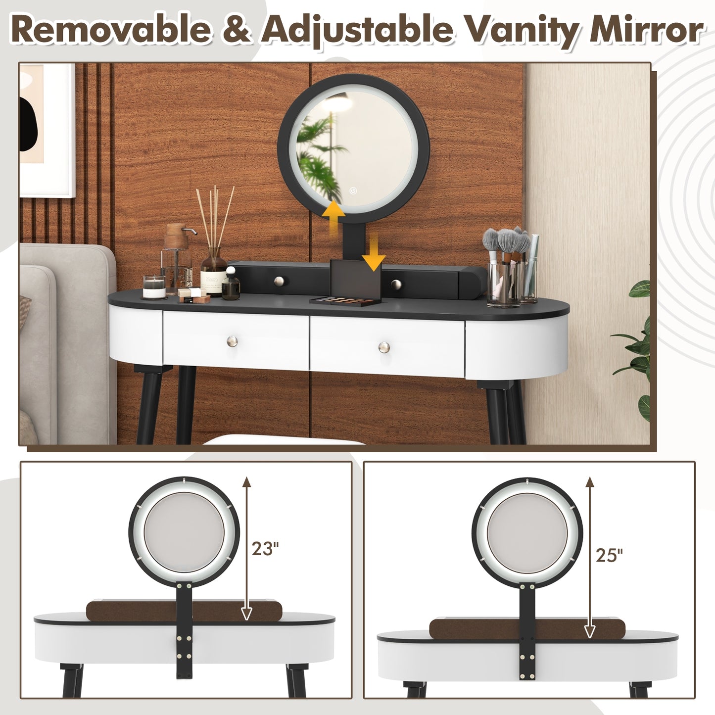 Makeup Vanity Table Set, LED Mirror, 3 Drawers, Dark Wood, White Makeup Vanities at Gallery Canada