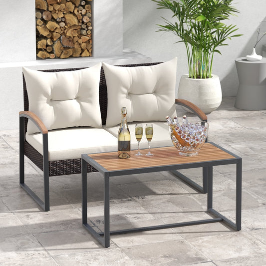 Patio PE Wicker Furniture Set, Acacia Wood Coffee Table, White