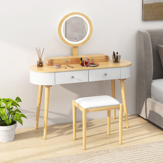 Makeup Vanity Table Set With LED Mirror, 3 Drawers, Natural Wood, White