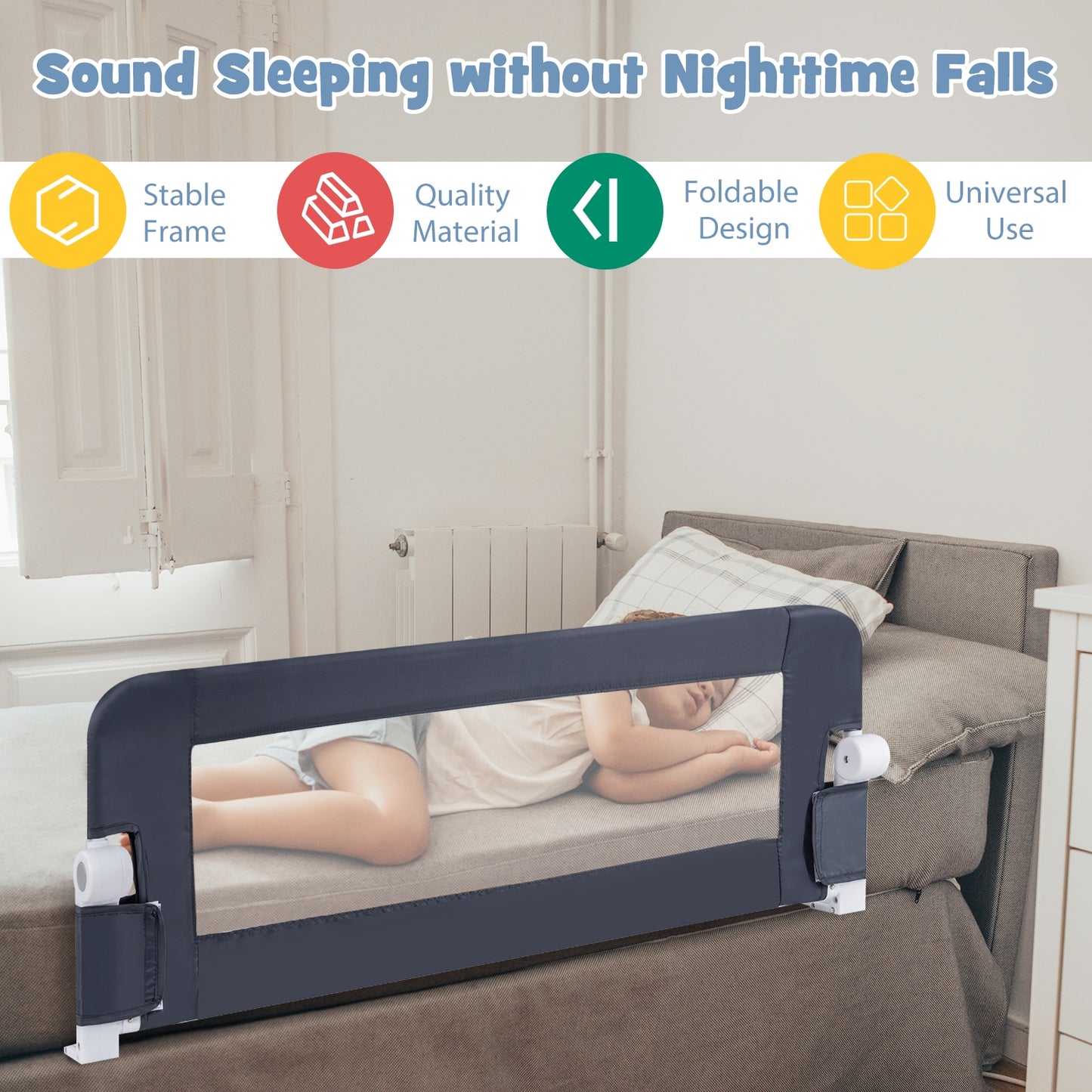 Barrière de lit bébé pliable, rabattable, grise
