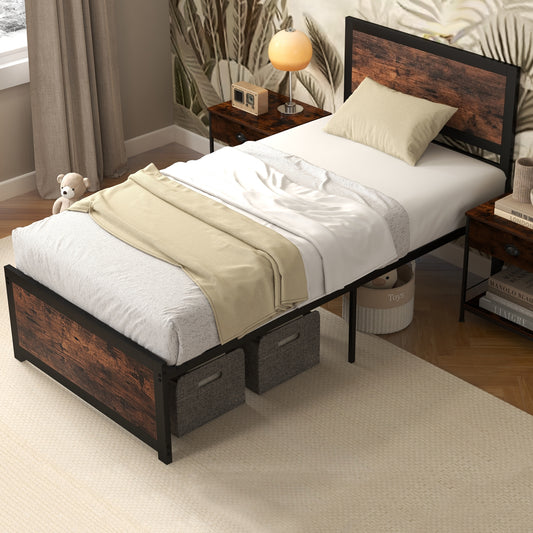 Twin Size Metal Bed Frame, High Headboard, Mute Bars, Rustic Brown Simple Bed Frame Rustic Brown at Gallery Canada