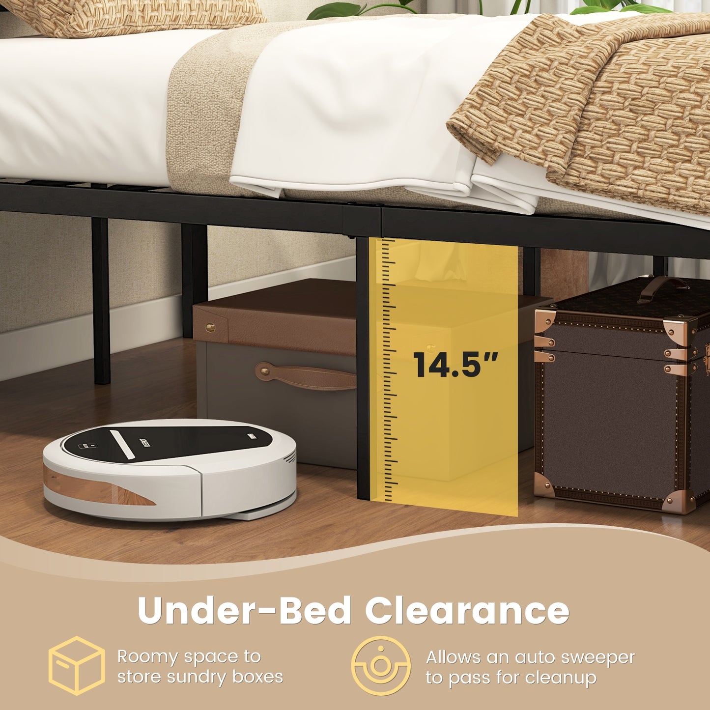 Twin Size Bed Frame Metal with High Headboard and Mute Bars-Twin Size, Rustic Brown Simple Bed Frame at Gallery Canada