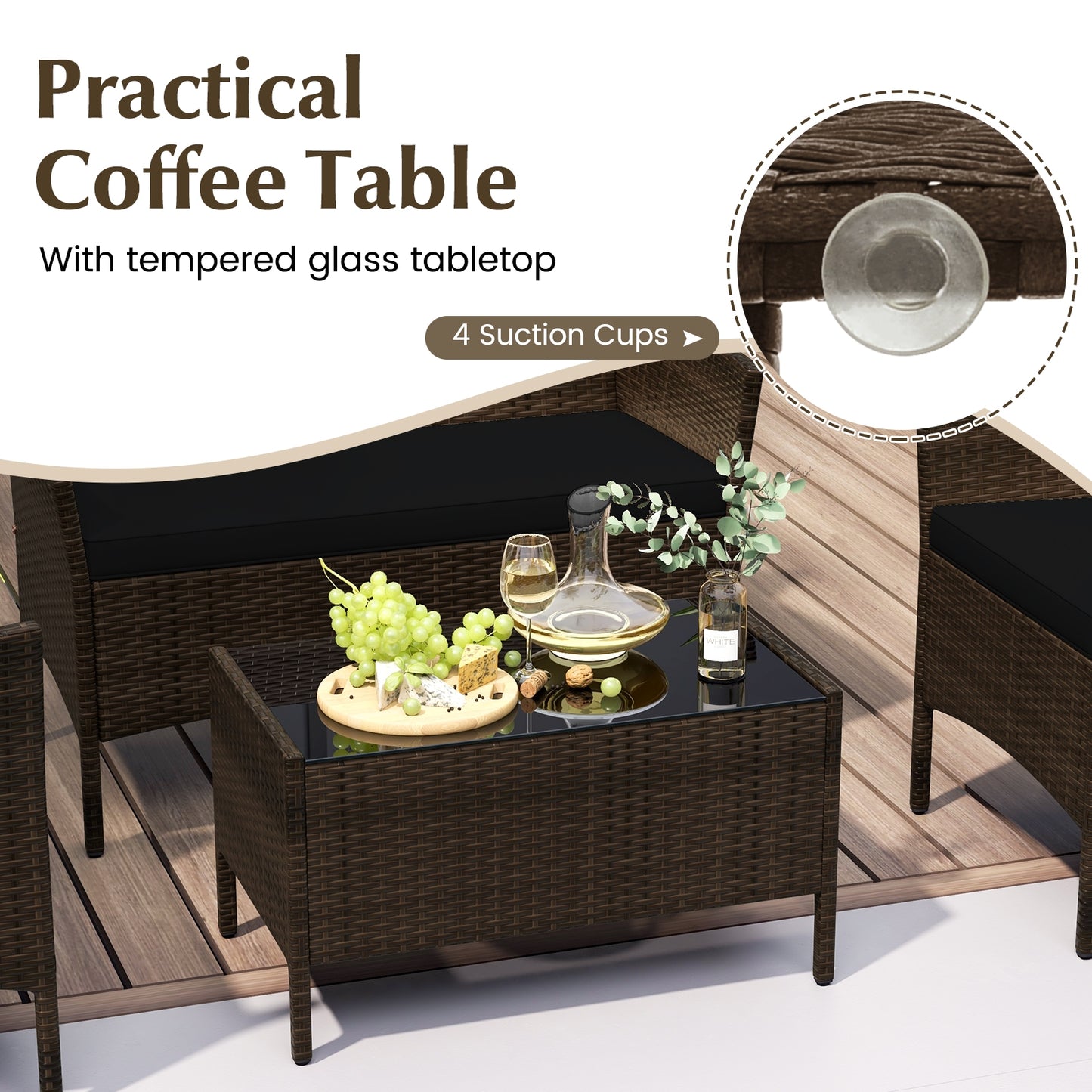4 Piece Patio Rattan Conversation Set with Cozy Seat Cushions, Black Patio Conversation Sets at Gallery Canada