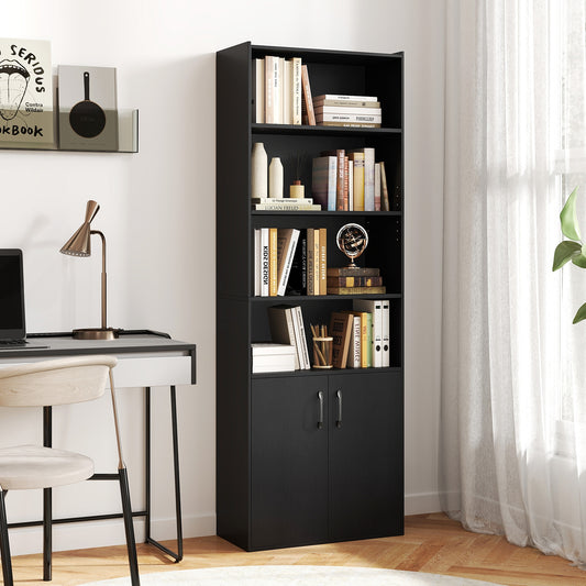 70 Inch Bookcase 6-Tier with Adjustable Shelves and 2-Door Cabinet, Black Bookcases Black at Gallery Canada