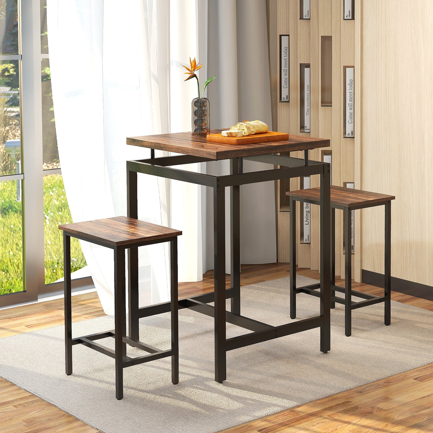 3 Pieces Pub Dining Table Set with Floating Tabletop and Footrest, Rustic Brown Dining Room Sets at Gallery Canada