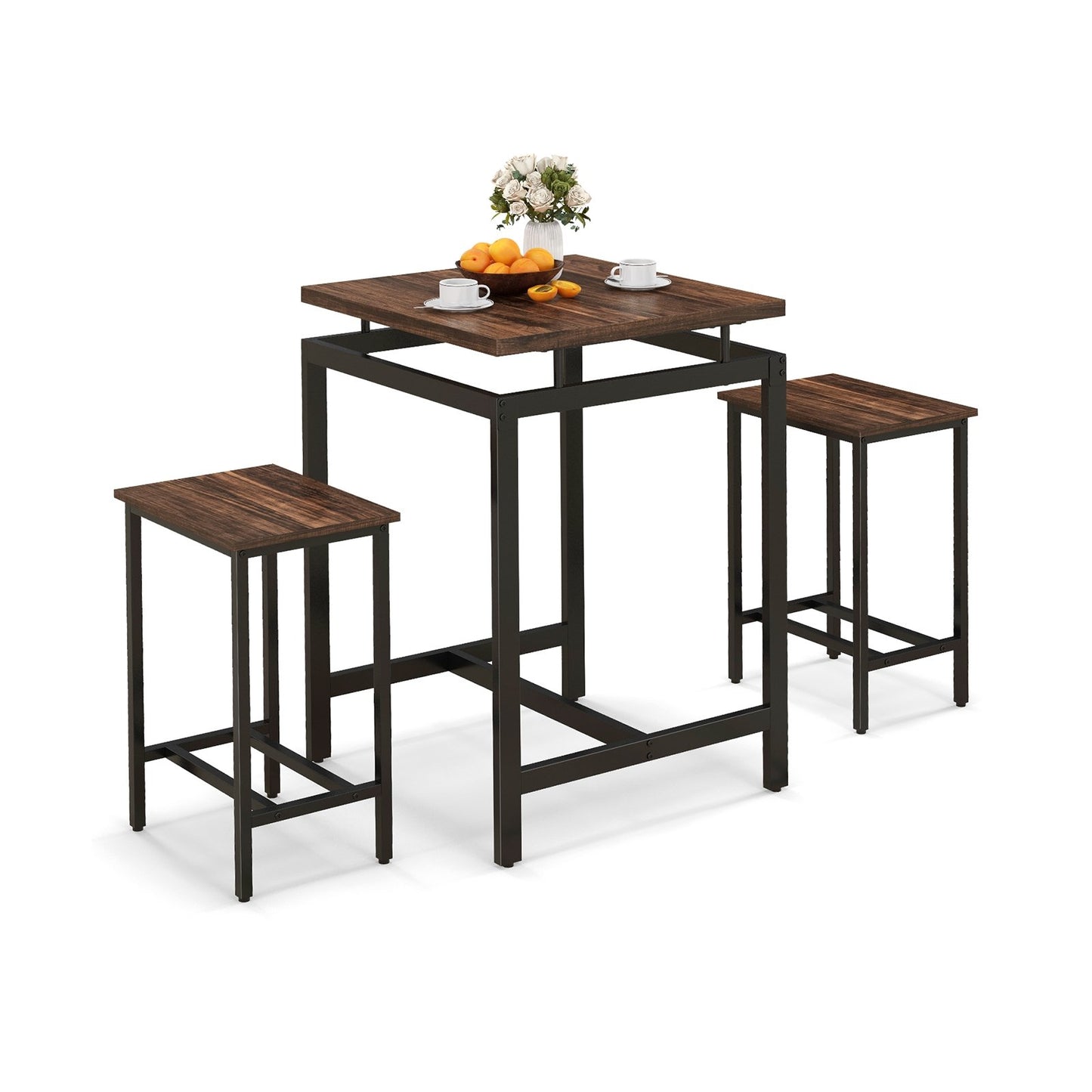 3 Pieces Pub Dining Table Set with Floating Tabletop and Footrest, Rustic Brown