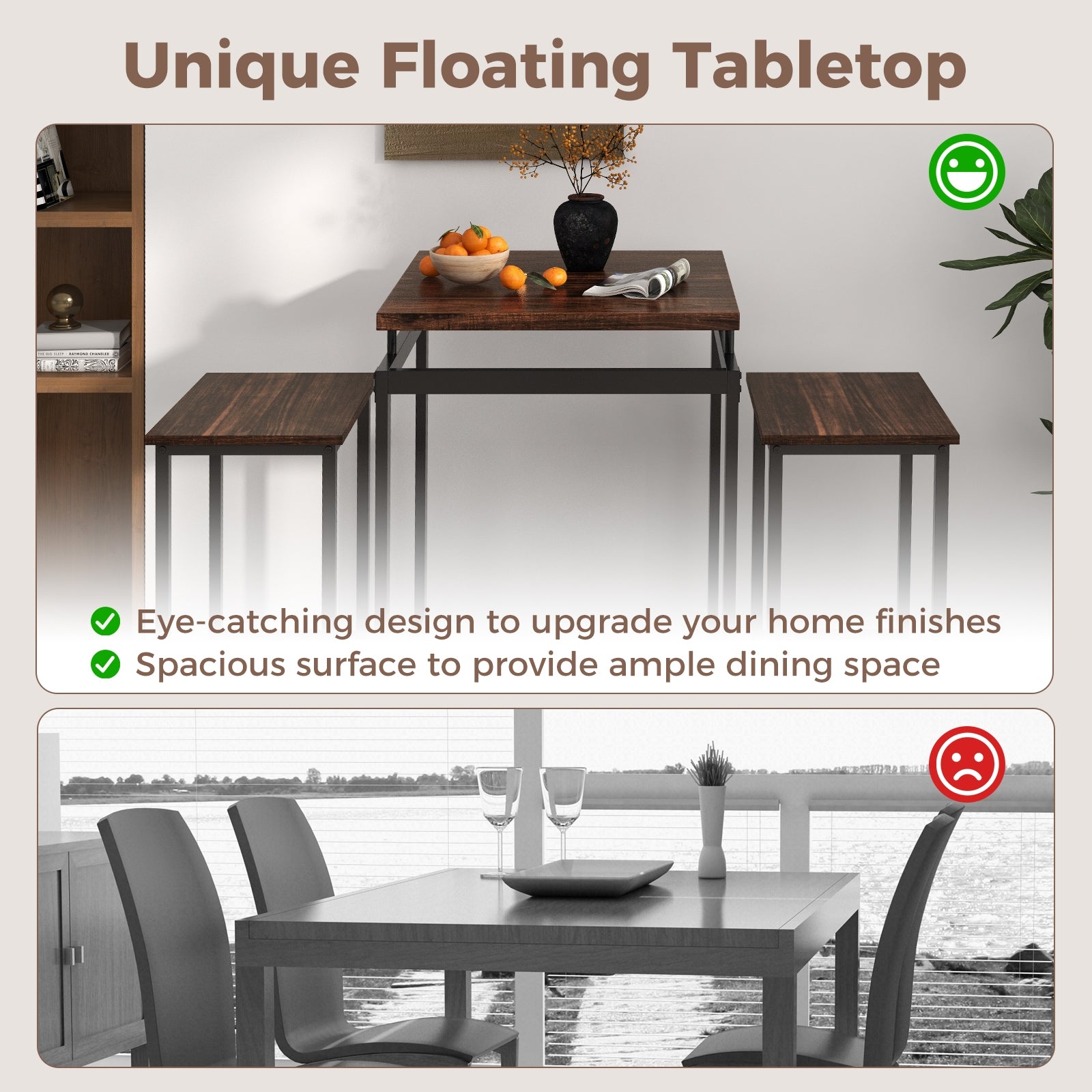 3 Pieces Pub Dining Table Set with Floating Tabletop and Footrest, Rustic Brown Dining Room Sets at Gallery Canada
