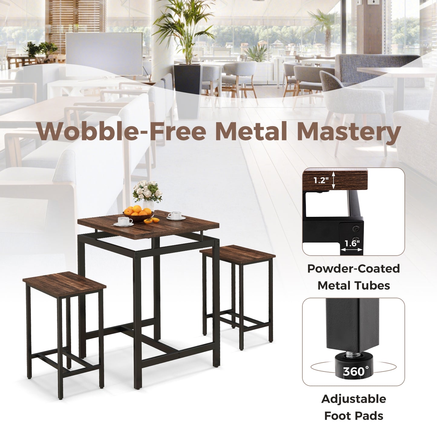 3 Piece Pub Dining Table Set, Floating Tabletop, Footrest, Rustic Brown Dining Room Sets at Gallery Canada