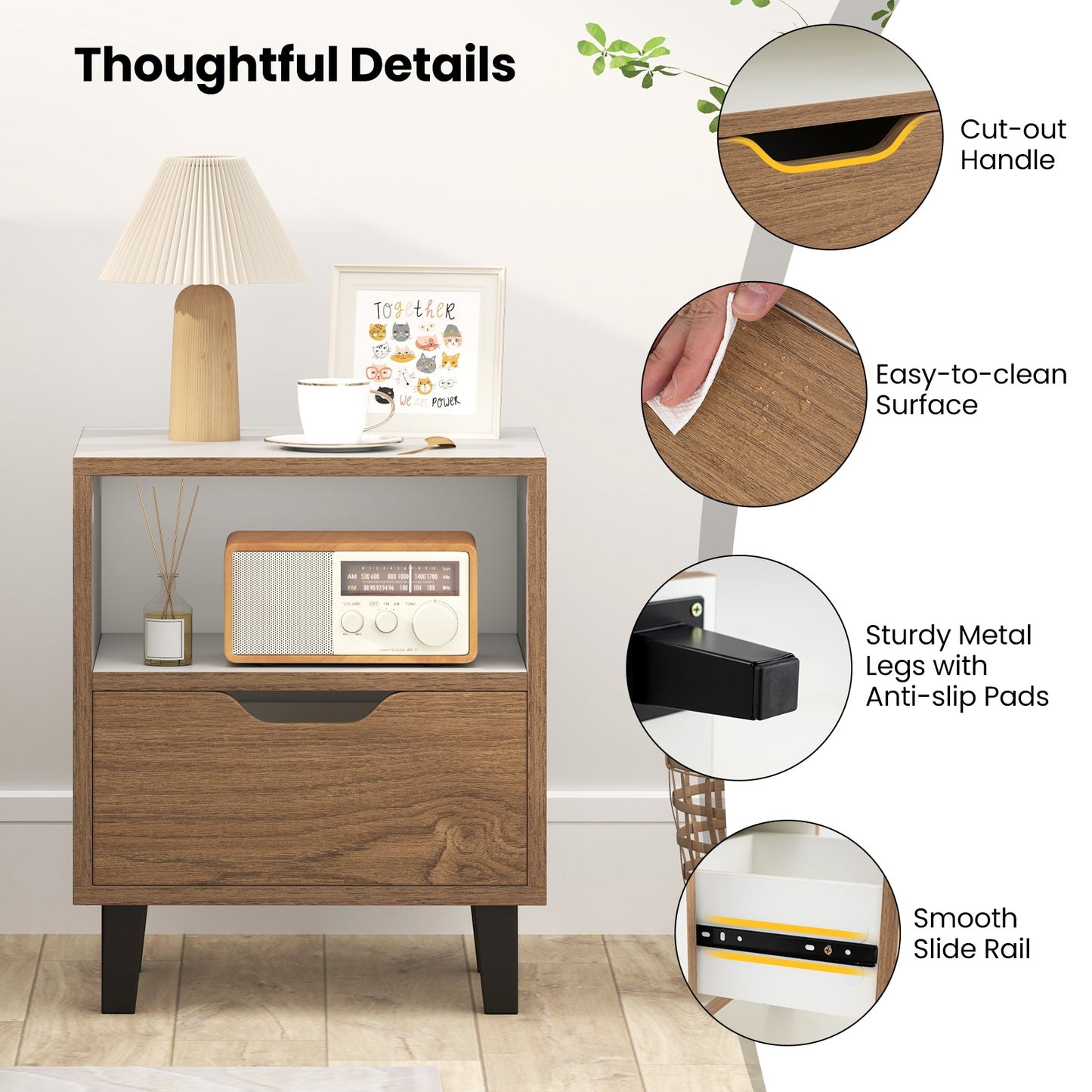 Nightstand Set Of 2 With Drawer, Open Storage Shelf, White Nightstands at Gallery Canada