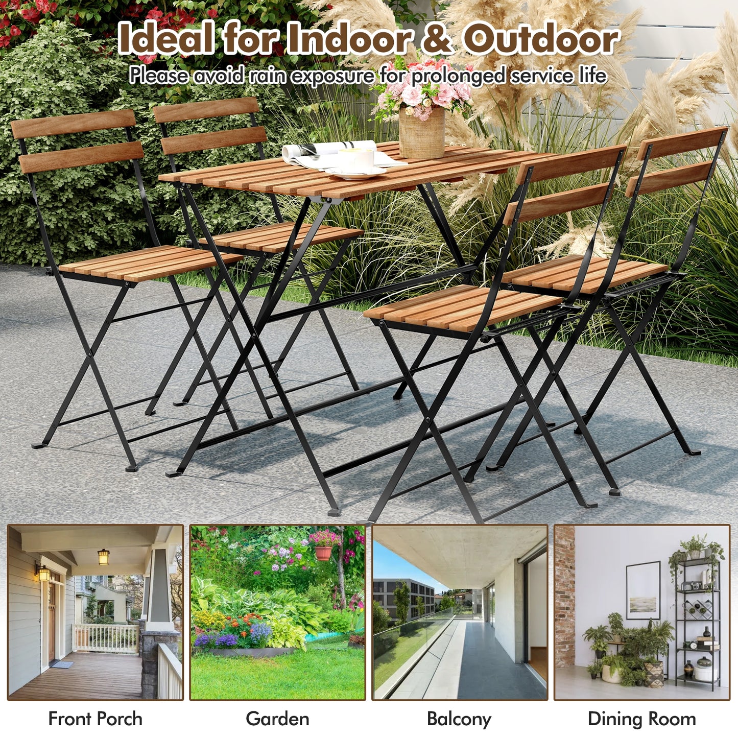 5 Piece Patio Acacia Wood Dining Set with 4 Folding Chairs, Brown Patio Dining Sets at Gallery Canada