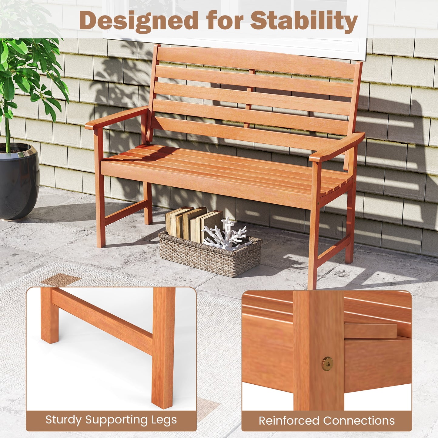 2-Person Wooden Garden Bench, Slatted Backrest, Comfortable Armrests, Natural Outdoor Benches at Gallery Canada