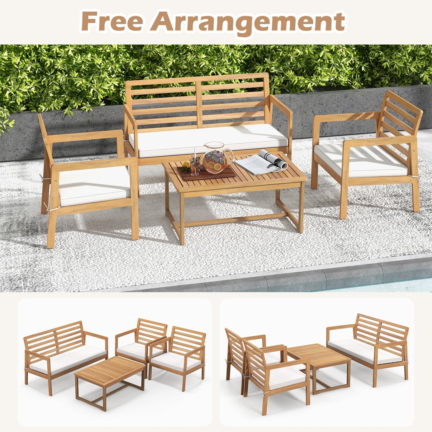 4 Piece Wood Patio Conversation Set with 2 Armchairs and Coffee Table, White Patio Conversation Sets at Gallery Canada