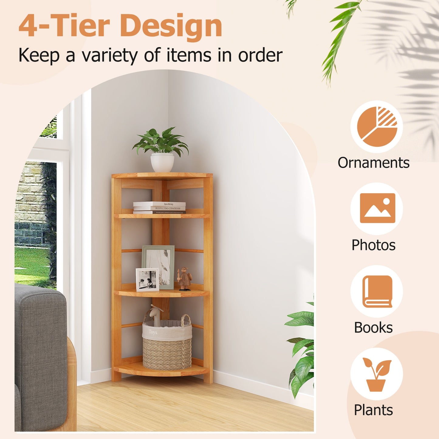 Étagère d'angle à 4 niveaux, cadre en bois de caoutchouc, kit anti-basculement, naturel