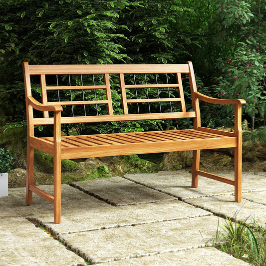 Patio Acacia Wood Bench with Curved Armrests Slatted Seat and Backrest, Natural Outdoor Benches Natural at Gallery Canada
