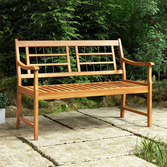 Acacia Wood Bench, Curved Armrests, Slatted Seat, Natural Outdoor Benches Natural at Gallery Canada
