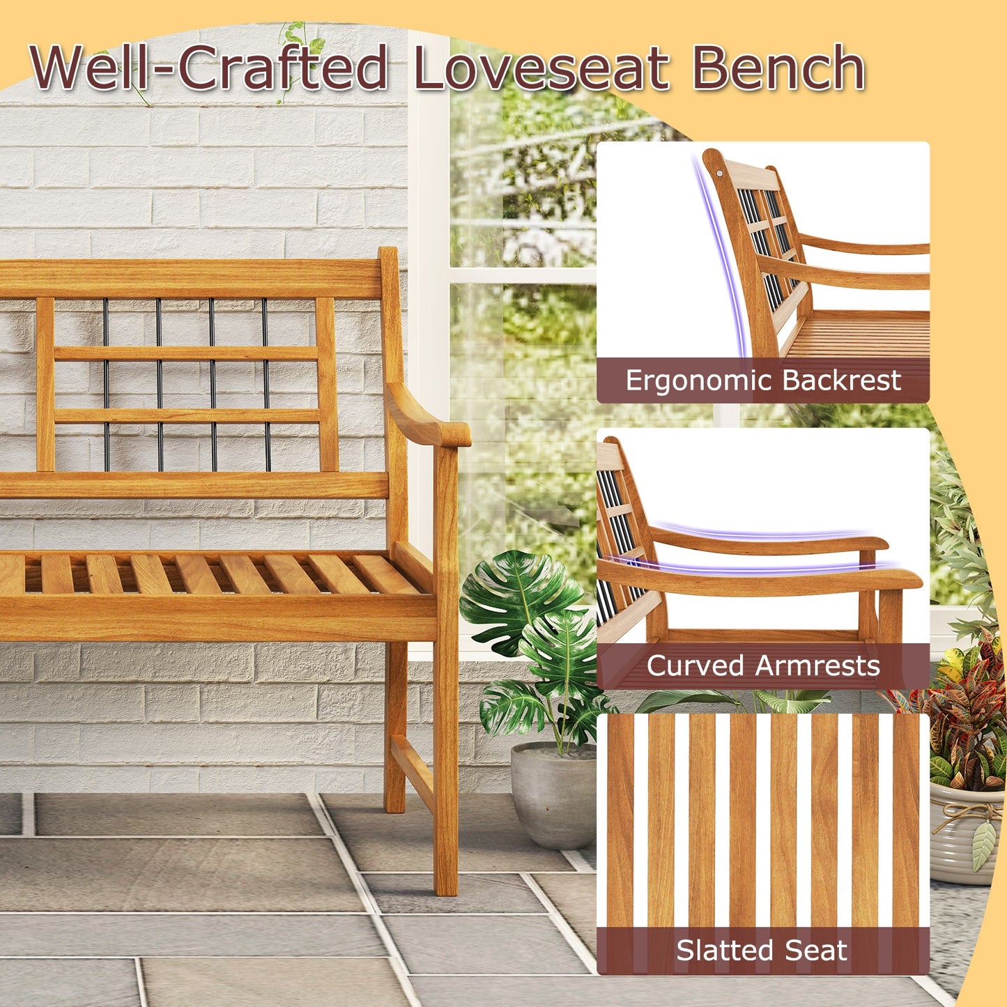 Banc en bois d'acacia, accoudoirs incurvés, siège à lattes, naturel