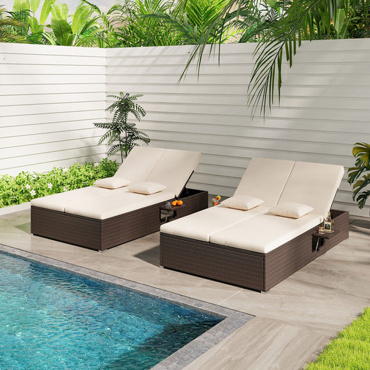 Patio Double Chaise Lounge with Cushions and Folding Side Trays, Beige Outdoor Chaise Lounges Beige at Gallery Canada