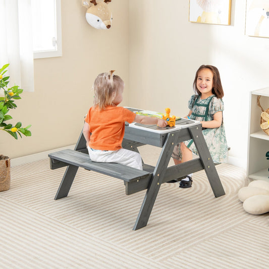 Kids Picnic Table Set, With 3 Removable Bins, Gray