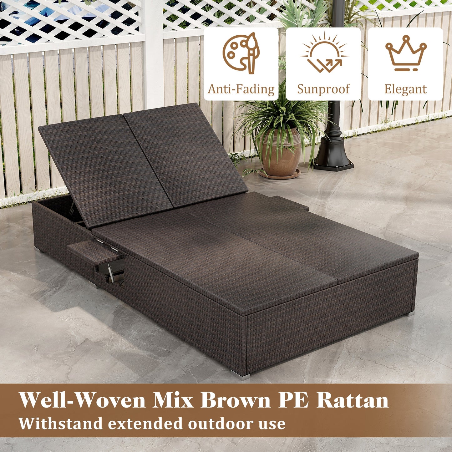 Double Chaise Longue Avec Coussins, Plateaux Latéraux Pliants, Beige