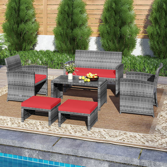 6-Piece Patio Furniture Set, Outdoor Sectional PE Rattan Sofa, Red