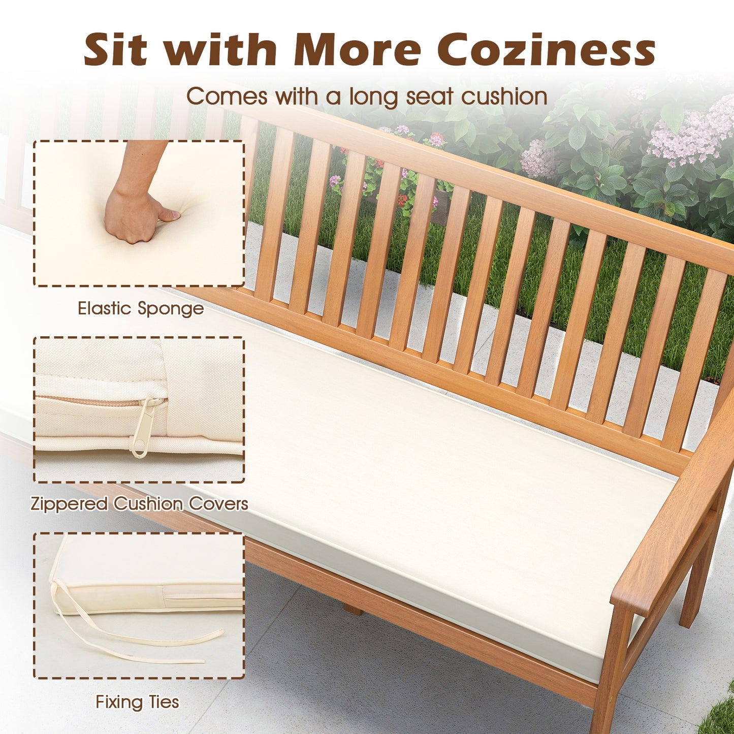 3-Seat Wood Bench With Cushion, Slatted Seat, White Outdoor Benches at Gallery Canada