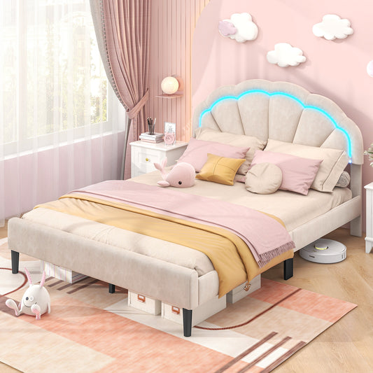 Upholstered LED Bed Frame with Adjustable Flower Headboard and Metal Support Feet-Queen Size Trundle Bed Frame Queen Size - Beige at Gallery Canada