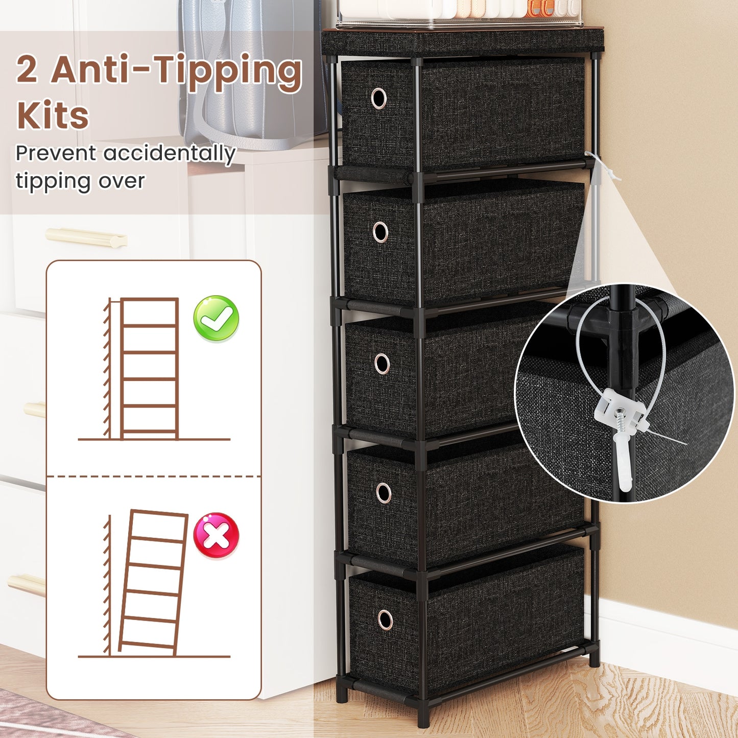 Narrow Dresser with 5 Drawers Slim Storage Tower with Metal Frame, Black Dressers & Chests at Gallery Canada