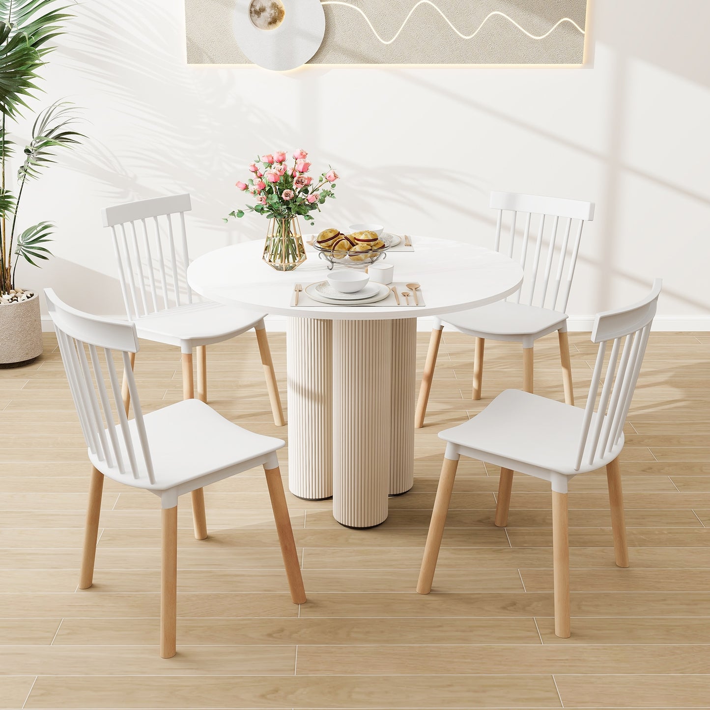 Ensemble de 4 chaises de salle à manger Windsor, dossiers à fuseaux, sièges courbés, blanc