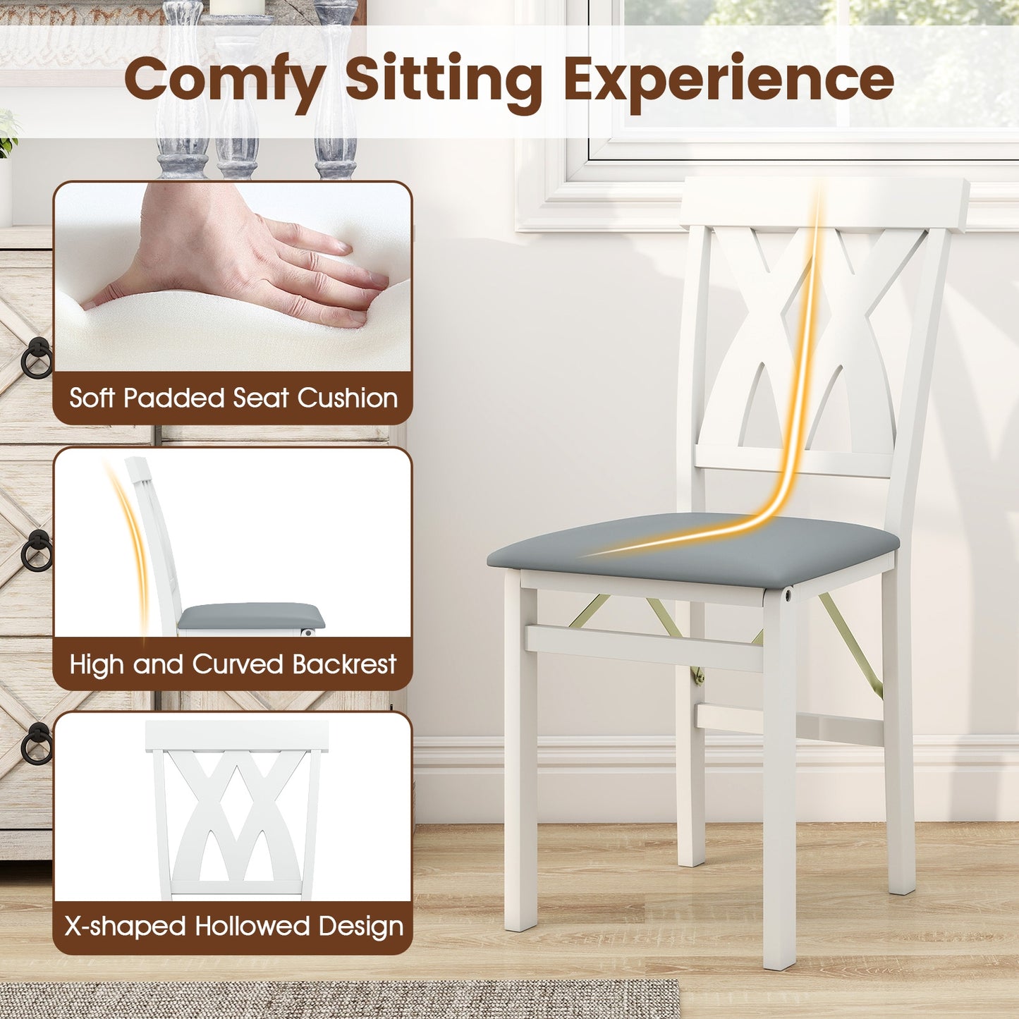Folding Wooden Dining Chair Set Of 2, Faux Leather Upholstered, White Dining Chairs at Gallery Canada
