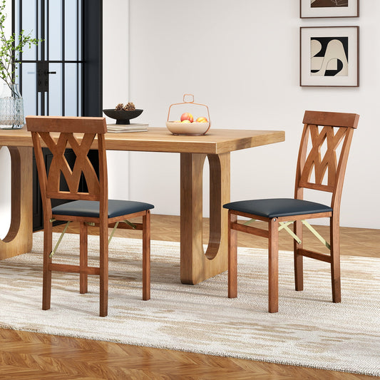 Folding Wooden Dining Chair Set, 2 Faux Leather Upholstered Kitchen Armless Chairs, Walnut Dining Chairs Walnut at Gallery Canada