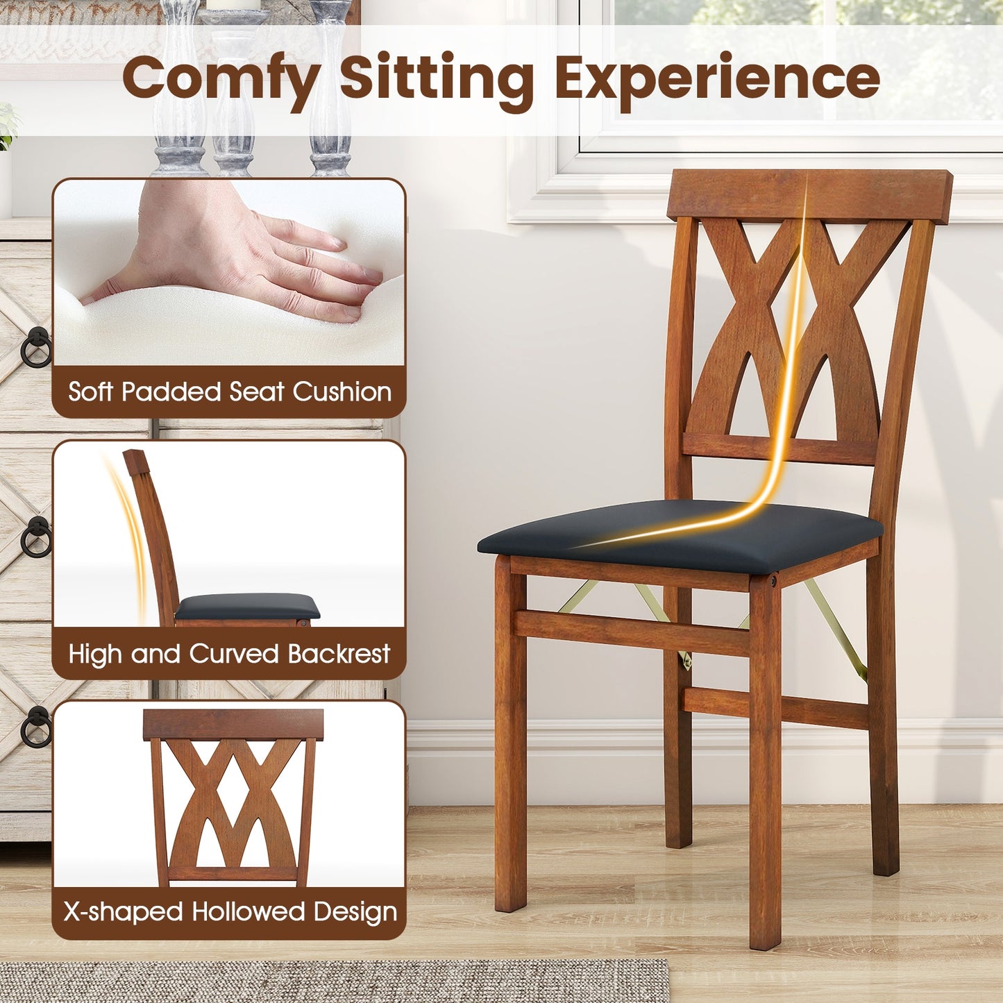 Folding Wooden Dining Chair Set, 2 Faux Leather Upholstered Kitchen Armless Chairs, Walnut Dining Chairs at Gallery Canada