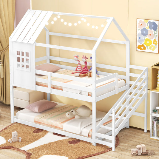 Twin House Bed with Stairs and Roof for Kids, White Trundle Bed Frame White at Gallery Canada